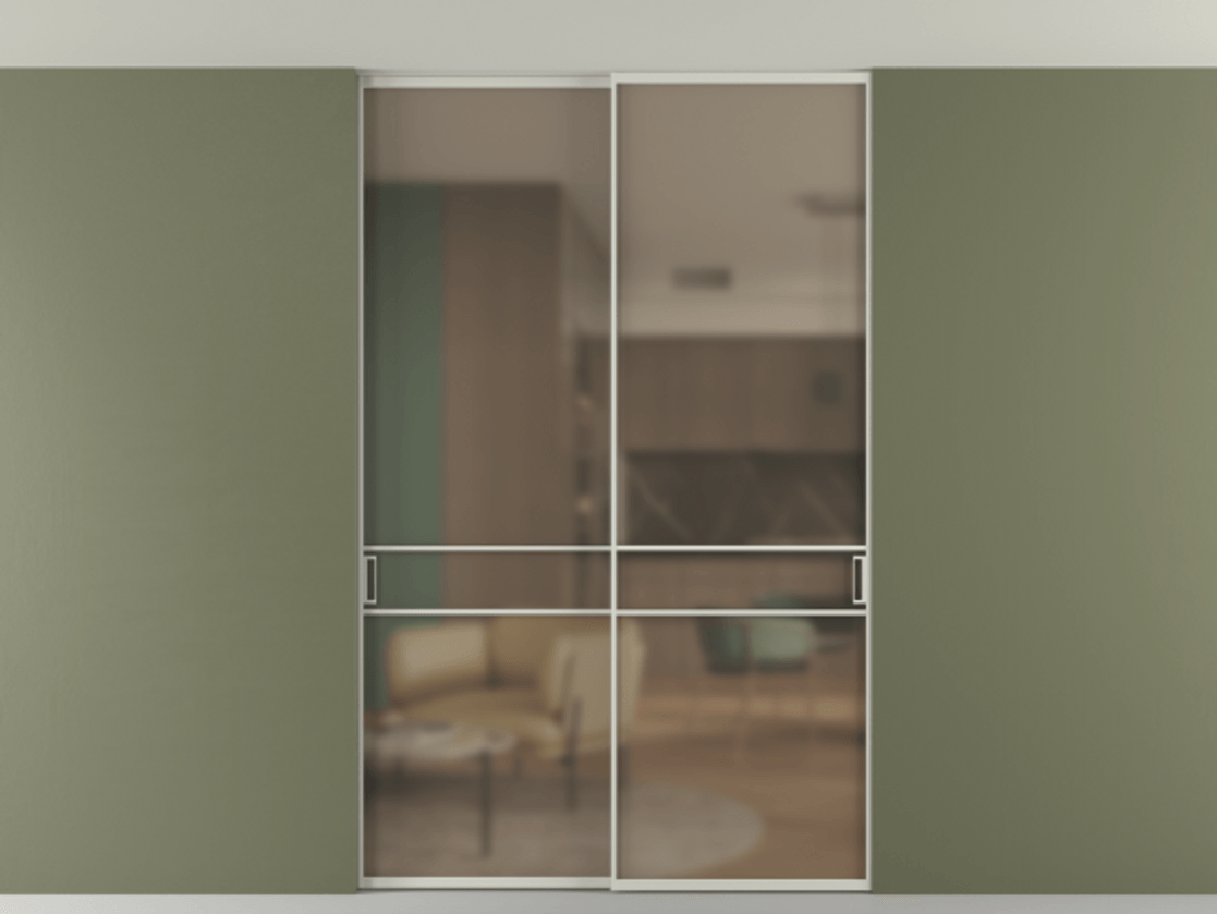 Перегородка Formato внутри проёма скрытое крепление в потолок 2 створки АЛПР 040.02 Алюминий тёплый серый Сатинированное бронзовое стекло, триплекс Цена 13710 Br | Volhovec