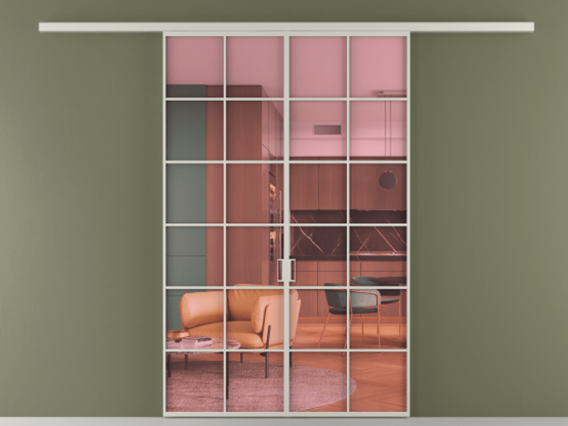 Перегородка Формато вдоль стены 2 створки АЛПР 040.05 Алюминий тёплый серый Прозрачное розовое стекло, триплекс Цена 11100 Br | Volhovec