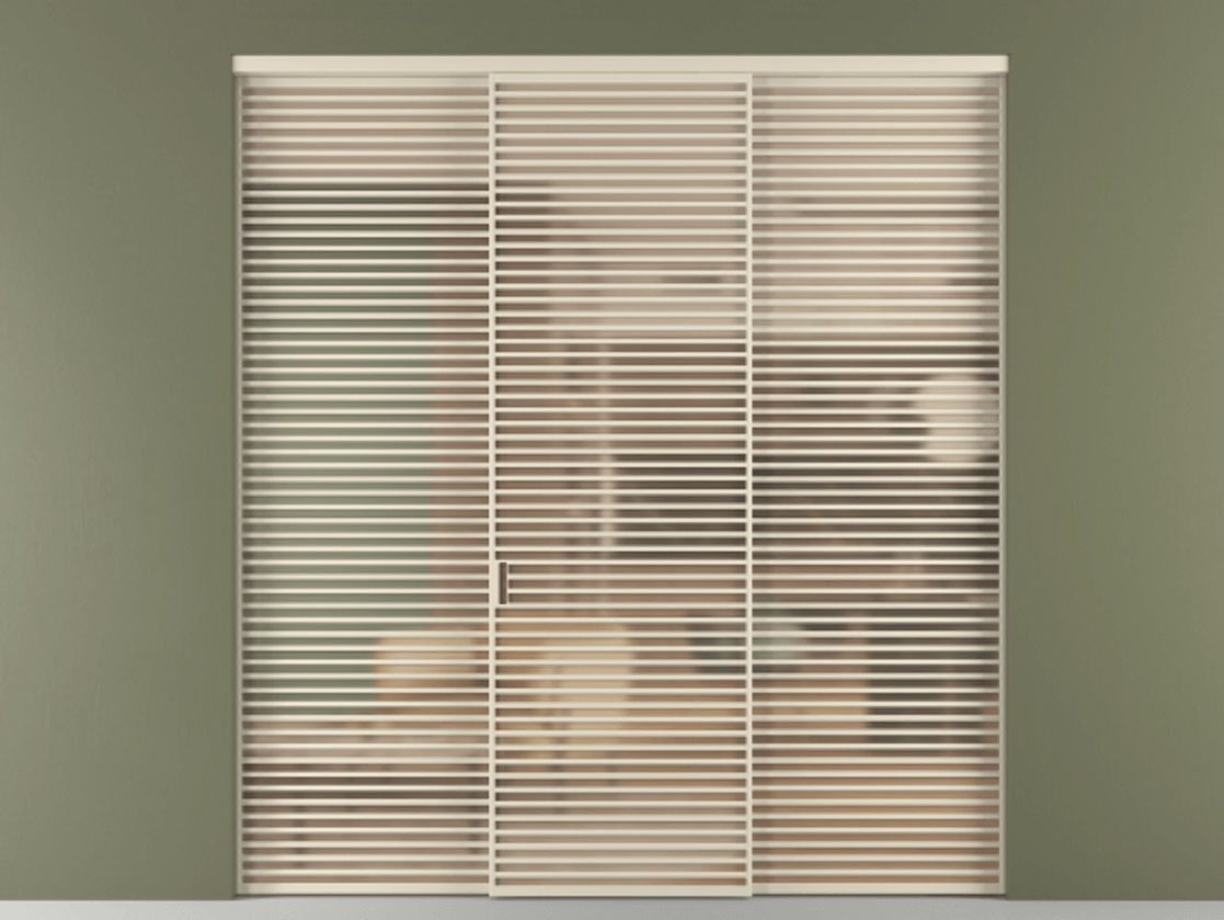 Межкомнатная дверь New Перегородка Formato внутри проёма трёхстворчатая АЛПР 040.07 Алюминий бежево-серый Сатинированное оранжевое стекло, триплекс Цена 25900  | Volhovec