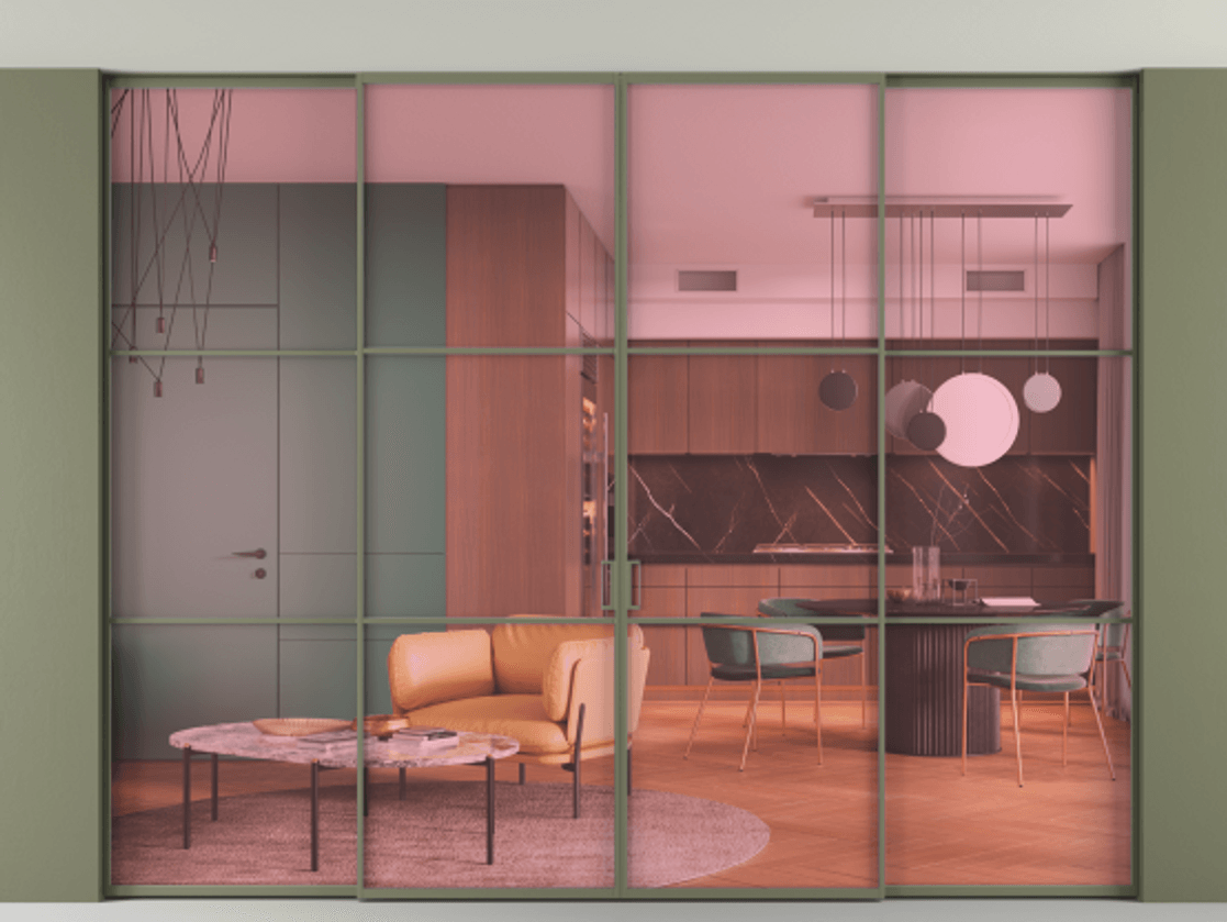 Перегородка Formato внутри проёма скрытое крепление в потолок 4 створки АЛПР 040.03 Алюминий оливковый тёмный Прозрачное розовое стекло, триплекс Цена 24400 Br | Volhovec