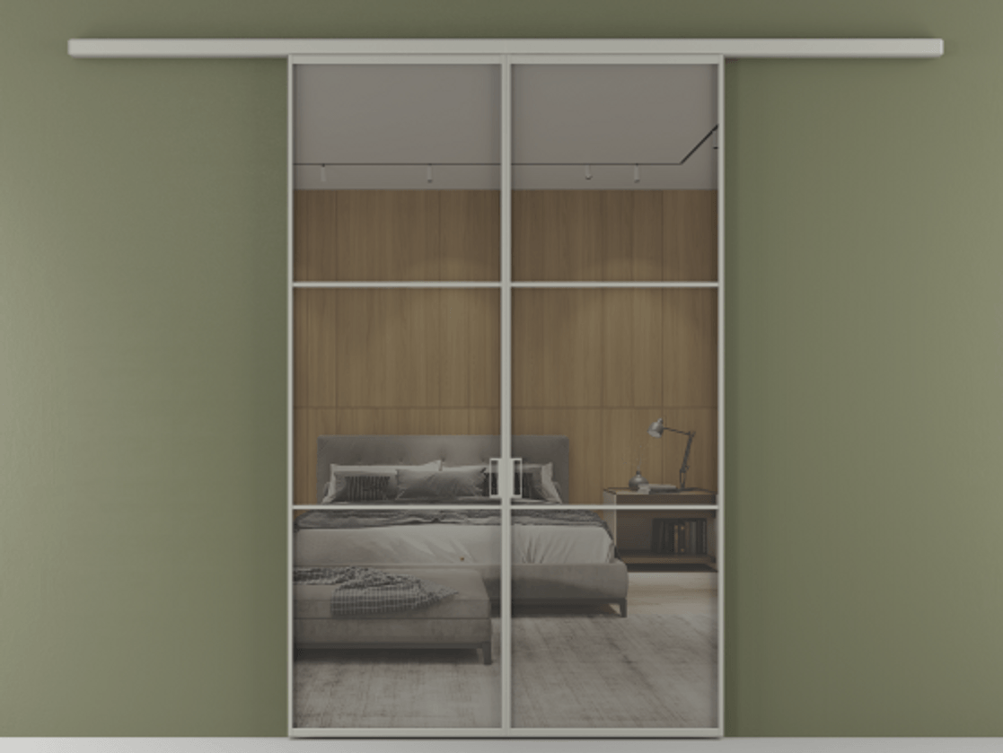 Перегородка Formato вдоль стены 2 створки АЛПР 040.03 Алюминий нейтральный серый Рефлективное серое стекло "Stopsol", калёное Цена 13310 Br | Volhovec