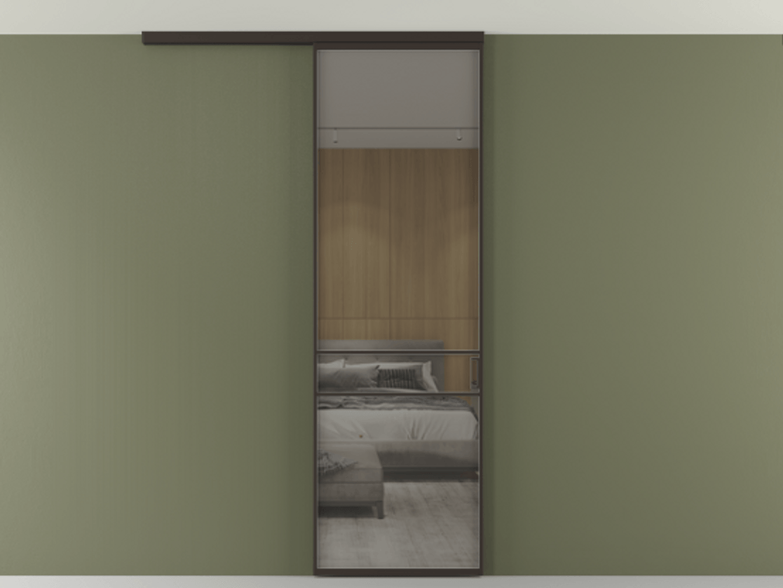 Перегородка Formato вдоль стены на потолок 1 створка АЛПР 040.02 Алюминий антрацит Рефлективное серое стекло "Stopsol", калёное Цена 6711 Br | Volhovec