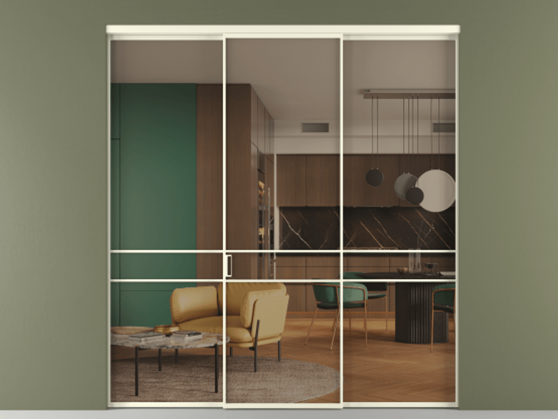 Перегородка Формато внутри проёма 3 створки АЛПР 040.02 Алюминий молочно-белый Прозрачное бронзовое стекло, триплекс Цена 12690 Br | Volhovec