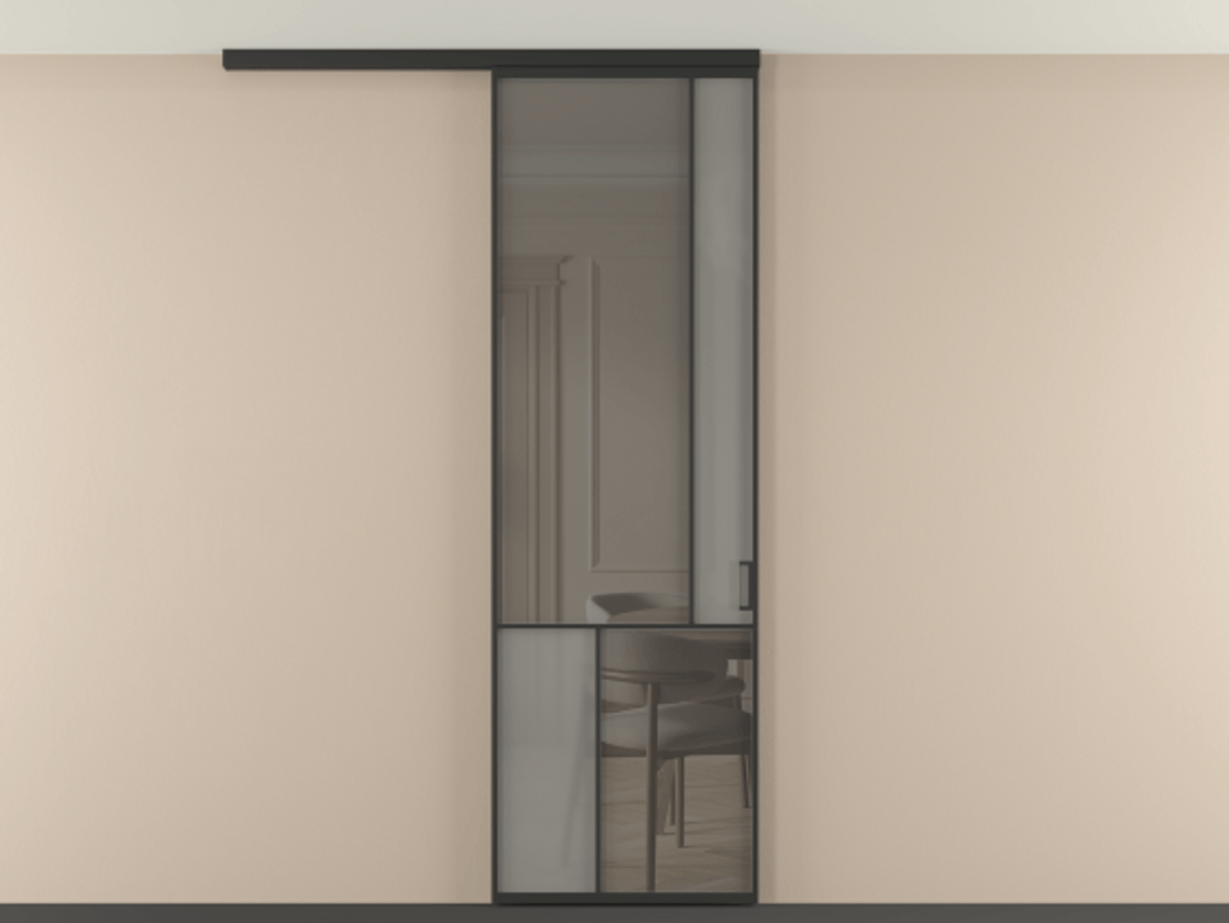 Перегородка Мозаик вдоль стены на потолок 1 створка АЛПР 041.21 Алюминий Черный Сатинированное серое стекло, триплекс, 6 мм + Прозрачное серое стекло, триплекс Цена 6930 Br | Volhovec