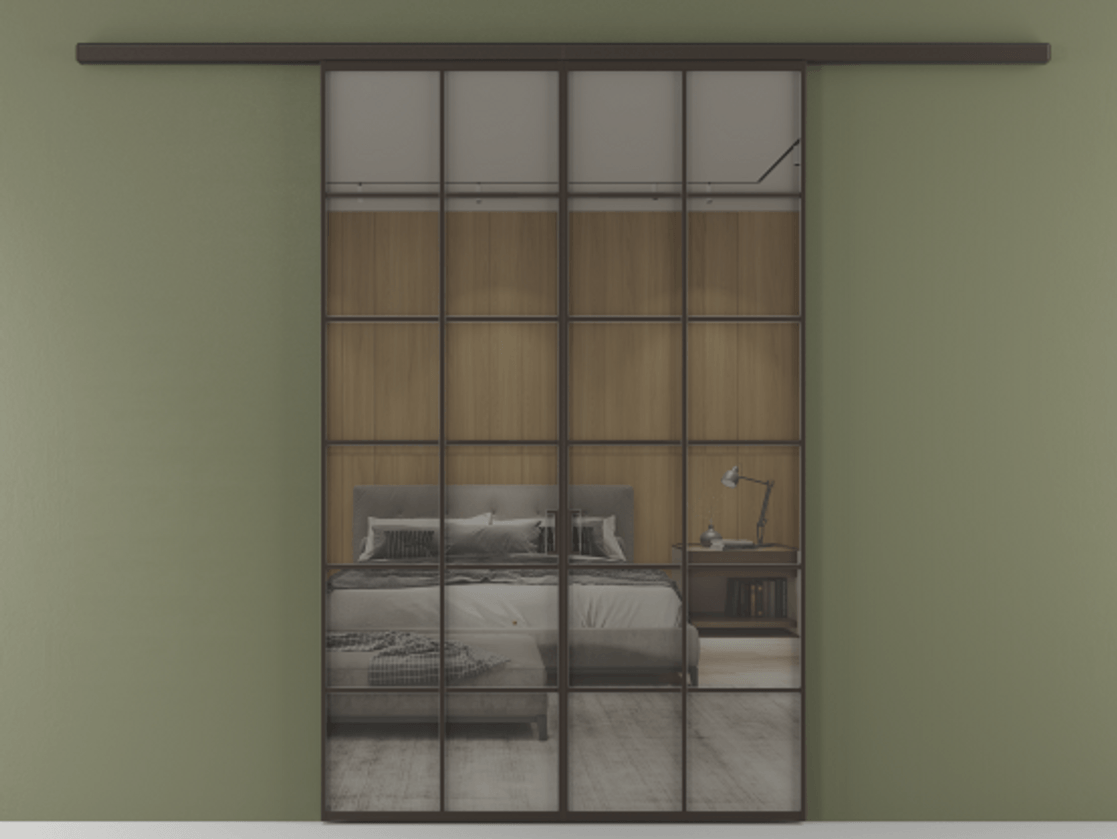 Перегородка Формато вдоль стены 2 створки АЛПР 040.05 Алюминий антрацит Рефлективное серое стекло "Стопсол", калёное Цена 14150 Br | Volhovec