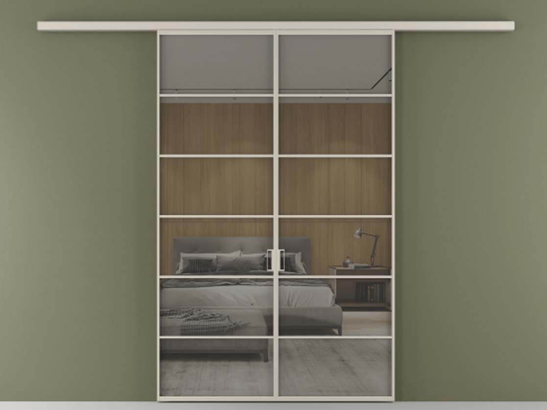 Перегородка Формато вдоль стены 2 створки АЛПР 040.04 Алюминий светло-бежевый Рефлективное серое стекло "Стопсол", калёное Цена 14150 Br | Volhovec