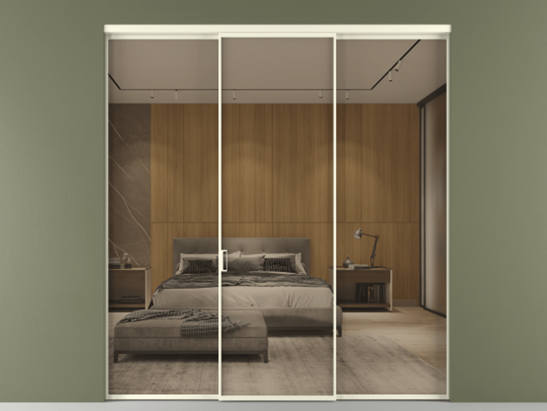 Перегородка Formato внутри проёма 3 створки АЛПР 040.01 Алюминий молочно-белый Рефлективное бронзовое стекло "Стопсол", калёное Цена 16110 Br | Volhovec