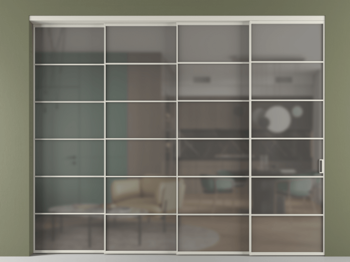 Перегородка Формато внутри проёма 4 створки с синхронным механизмом АЛПР 040.04 Алюминий тёплый серый Сатинированное серое стекло, триплекс Цена 26130 Br | Volhovec