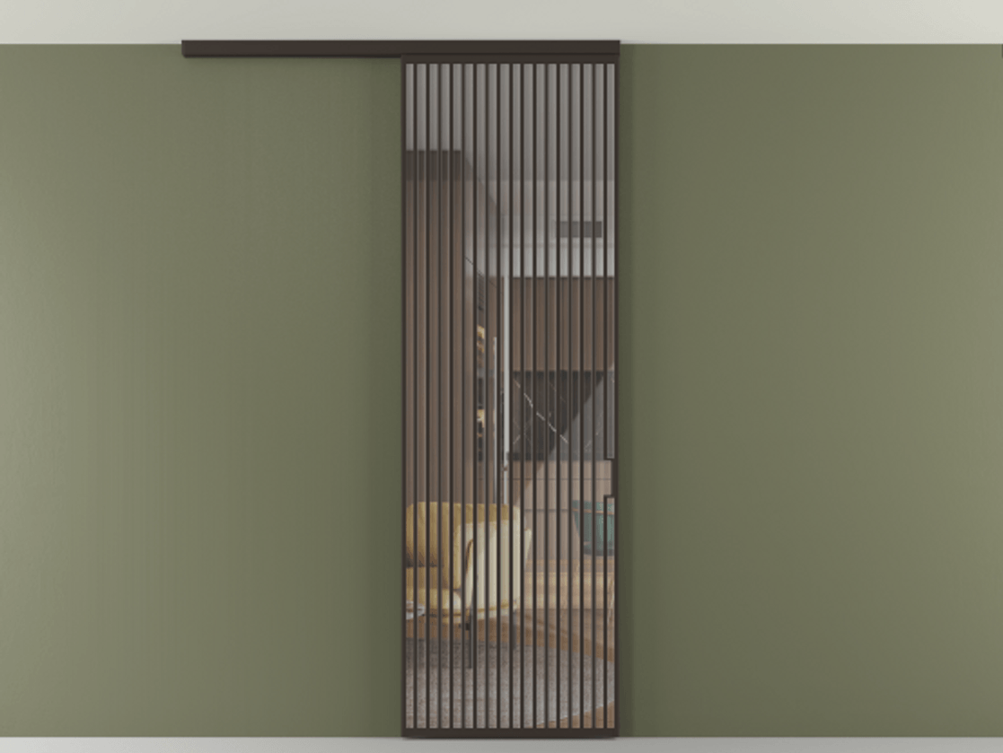 Перегородка Формато вдоль стены на потолок 1 створка АЛПР 040.06 Алюминий антрацит Рефлективное прозрачное стекло "Стопсол", калёное Цена 12470 Br | Volhovec