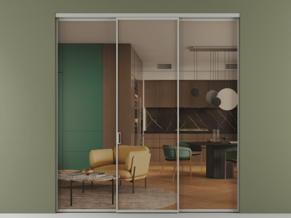 Перегородка Formato внутри проёма 3 створки АЛПР 040.01 Алюминий нейтральный серый Прозрачное бронзовое стекло, триплекс Цена 12600 Br | Volhovec