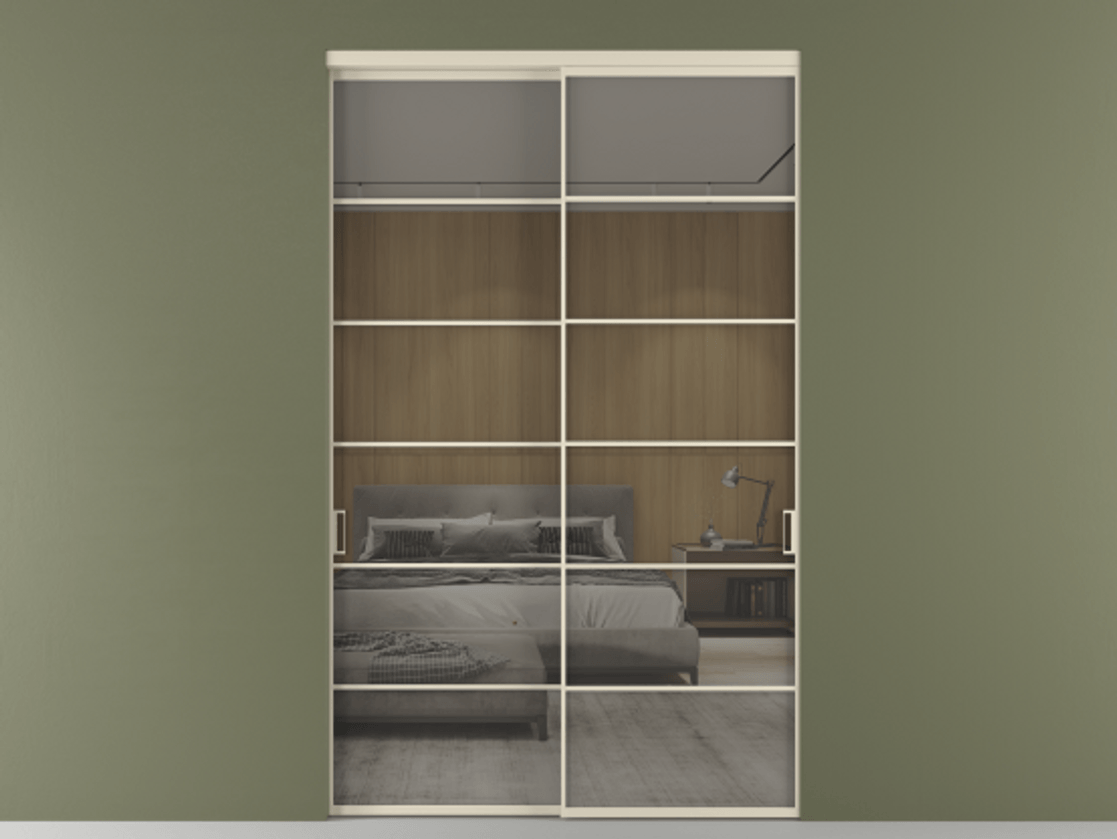 Перегородка Formato внутри проёма 2 створки АЛПР 040.04 Алюминий бежево-серый Рефлективное серое стекло "Stopsol", калёное Цена 26410 Br  | Volhovec