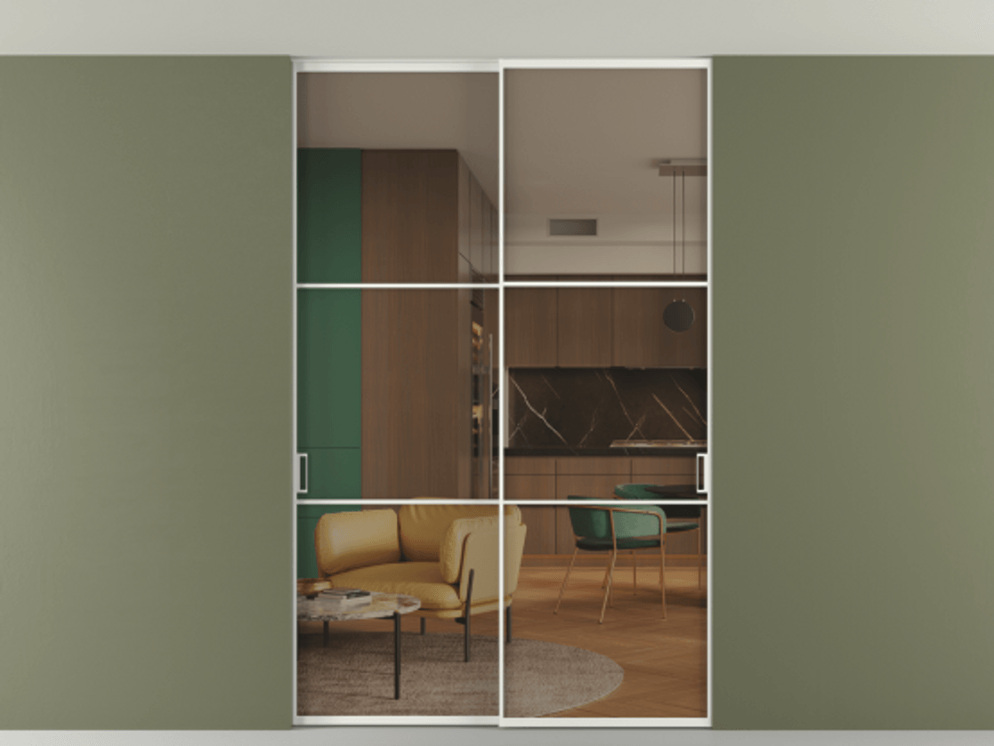 Перегородка Formato внутри проёма скрытое крепление в потолок 2 створки АЛПР 040.03 Алюминий светло-серый Прозрачное бронзовое стекло, триплекс Цена 13710 Br | Volhovec