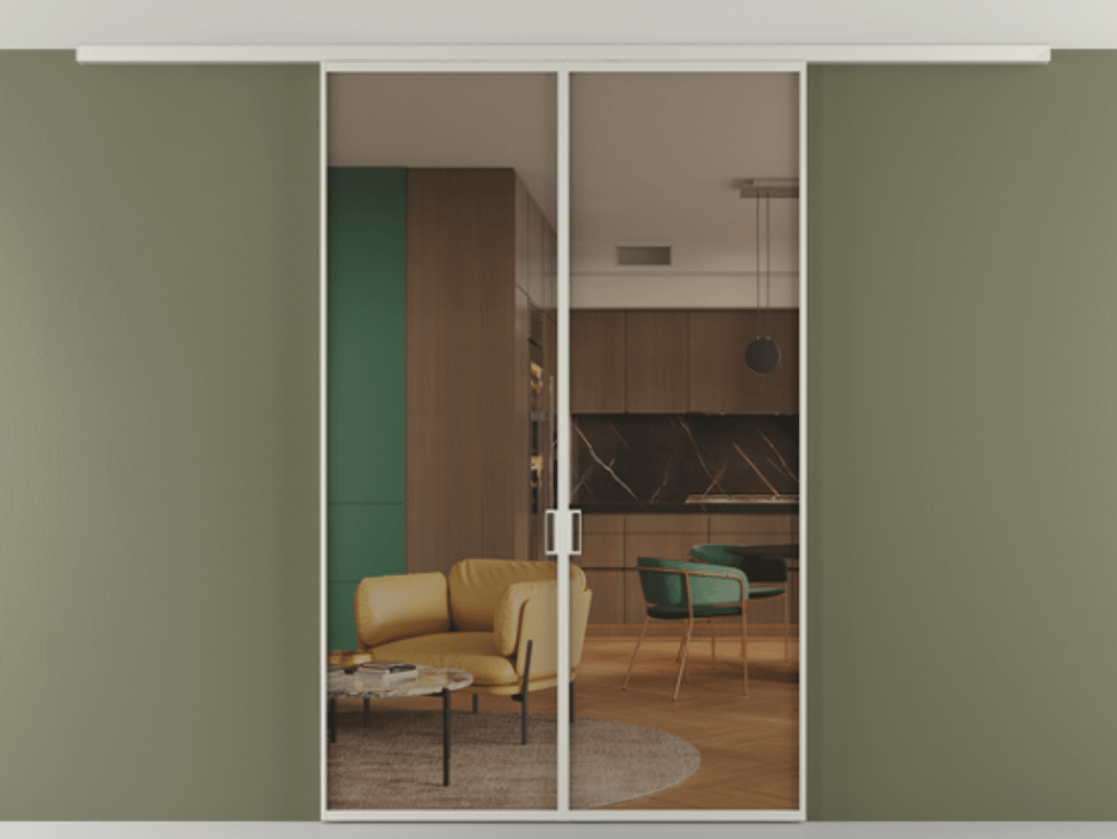 Перегородка Формато вдоль стены на потолок 2 створки АЛПР 040.01 Алюминий тёплый серый Прозрачное бронзовое стекло, триплекс Цена 9500 Br | Volhovec