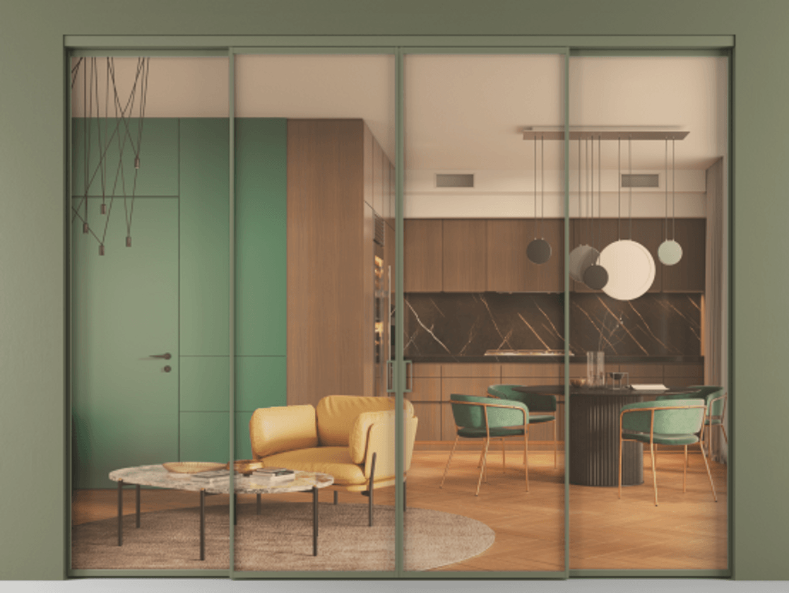 Перегородка Формато внутри проёма 4 створки АЛПР 040.01 Алюминий оливковый тёмный Прозрачное оранжевое стекло, триплекс Цена 17100.8937 Br  | Volhovec