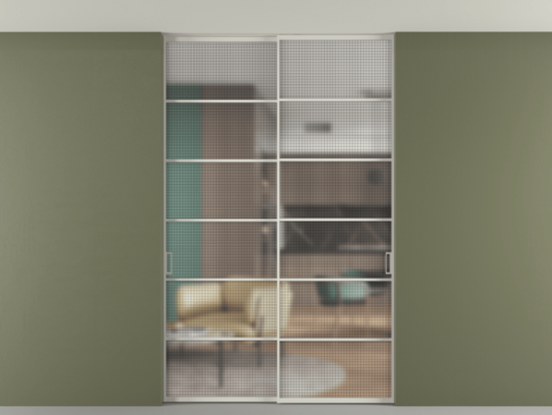 Перегородка Formato внутри проёма скрытое крепление в потолок 2 створки АЛПР 040.04 Алюминий Белый Декоративное стекло с сеткой "Mesh silver", триплекс Цена 14750 Br | Volhovec