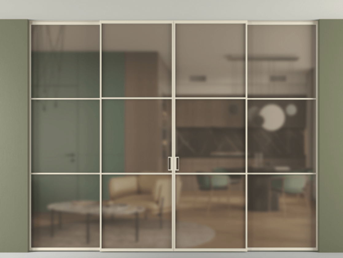 Перегородка Formato внутри проёма скрытое крепление в потолок 4 створки АЛПР 040.03 Алюминий бежево-серый Сатинированное бронзовое стекло, триплекс Цена 24440 Br | Volhovec