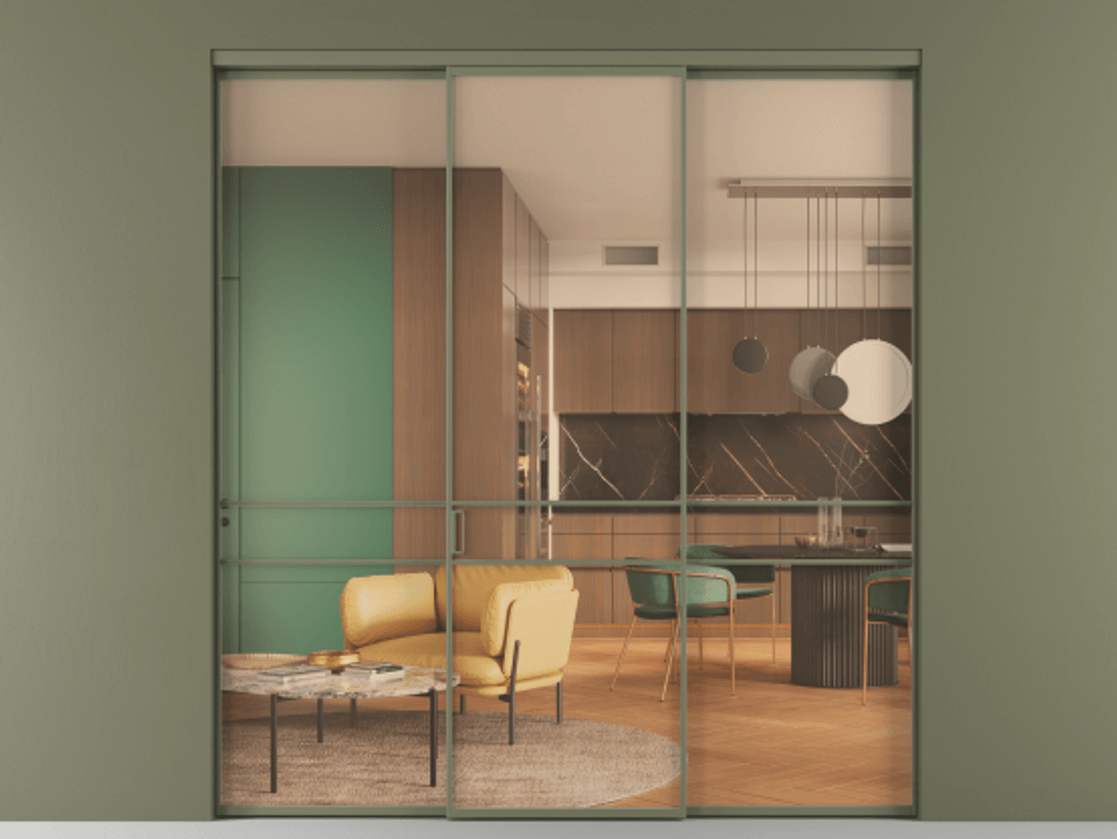 Перегородка Formato внутри проёма 3 створки АЛПР 040.02 Алюминий оливковый тёмный Прозрачное оранжевое стекло, триплекс Цена 13300 Br | Volhovec