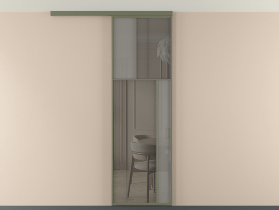 Перегородка Мозаик вдоль стены на потолок 1 створка АЛПР 041.23 Алюминий оливковый тёмный Сатинированное серое стекло, триплекс, 6 мм + Прозрачное серое стекло, триплекс Цена 7220 Br | Volhovec