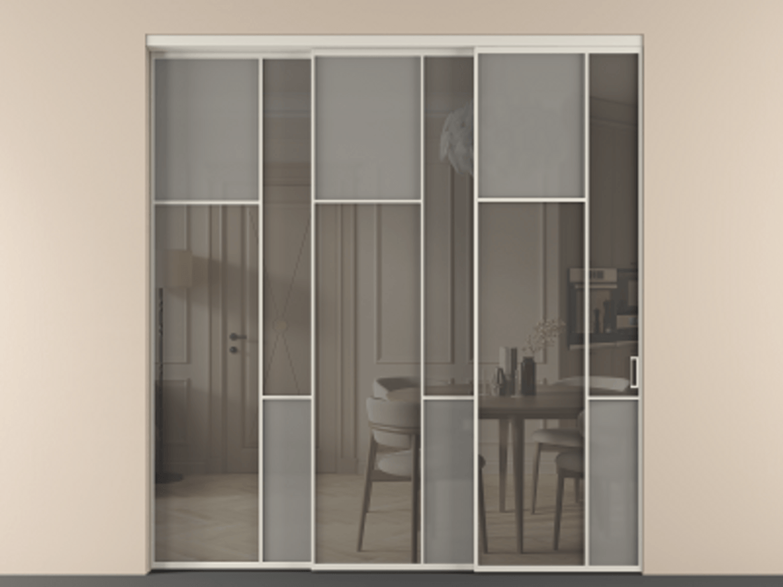 Перегородка Мозаик внутри проёма 3 створки с синхронным механизмом АЛПР 041.10 Алюминий облачно-серый Сатинированное серое стекло, триплекс, 6 мм + Прозрачное серое стекло, триплекс Цена 23390 Br | Volhovec