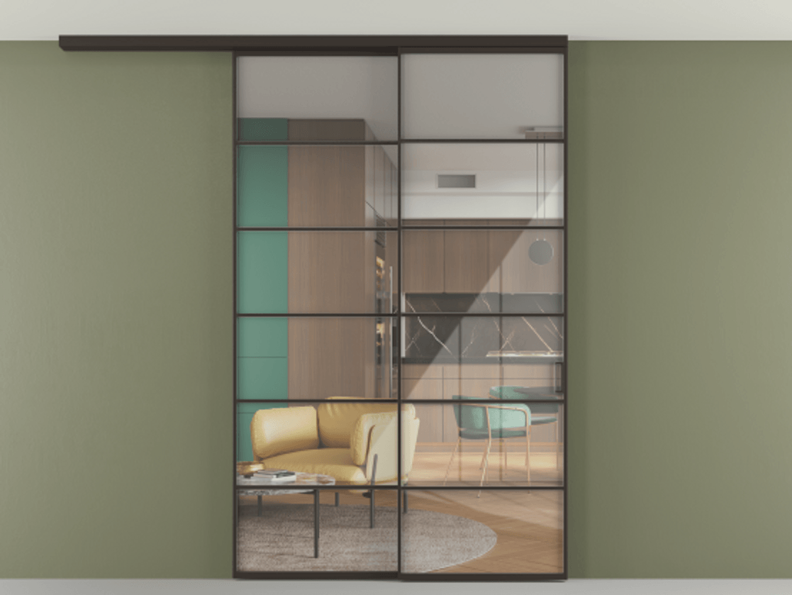 Перегородка Формато вдоль стены на потолок 2 створки с синхронным механизмом АЛПР 040.04 Алюминий антрацит Рефлективное прозрачное стекло "Стопсол", калёное Цена 18400 Br | Volhovec