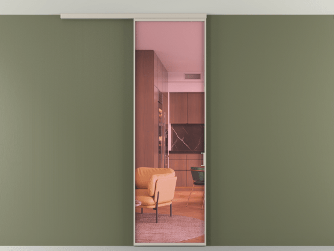 Перегородка Формато вдоль стены на потолок 1 створка АЛПР 040.01 Алюминий светло-бежевый Прозрачное розовое стекло, триплекс Цена 4900 Br | Volhovec