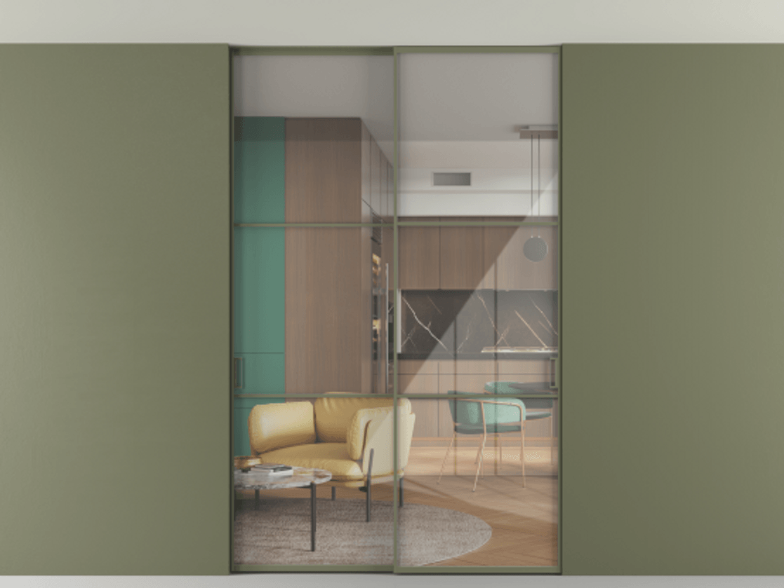 Перегородка Формато внутри проёма скрытое крепление в потолок 2 створки АЛПР 040.03 Алюминий оливковый тёмный Рефлективное прозрачное стекло "Стопсол", калёное Цена 16340 Br | Volhovec