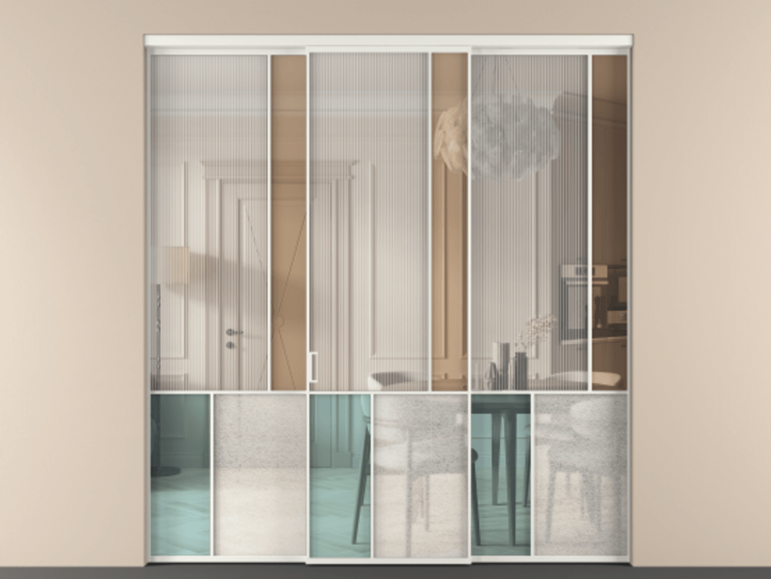 Перегородка Mosaic внутри проёма 3 створки АЛПР 041.21 Алюминий светло-серый Комбинация стекол Группы 1 и Группы 3 Цена 19200 Br | Volhovec