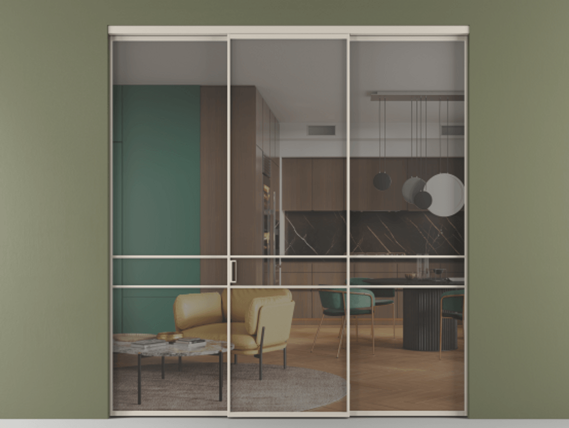 Перегородка Formato внутри проёма 3 створки АЛПР 040.02 Алюминий светло-бежевый Прозрачное серое стекло, триплекс Цена 13290 Br | Volhovec