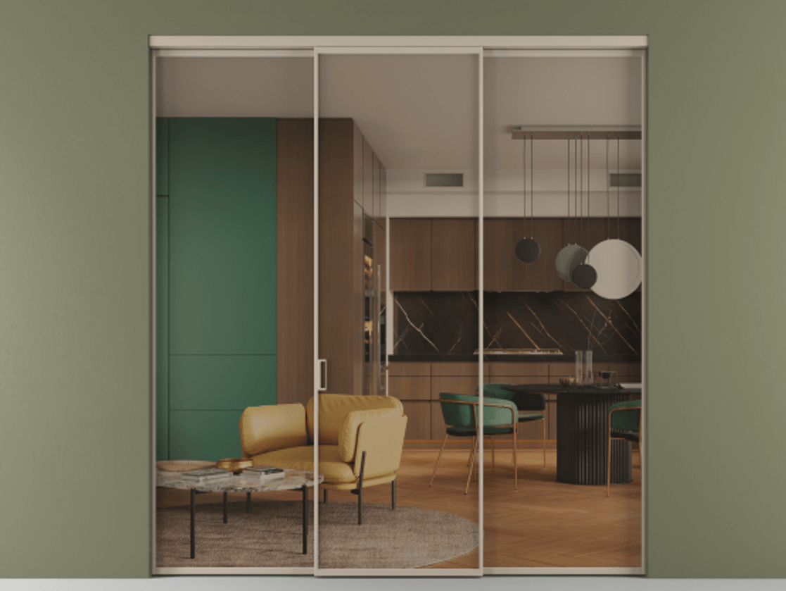 Перегородка Formato внутри проёма 3 створки АЛПР 040.01 Алюминий бисквитный Прозрачное бронзовое стекло, триплекс Цена 12600 Br | Volhovec