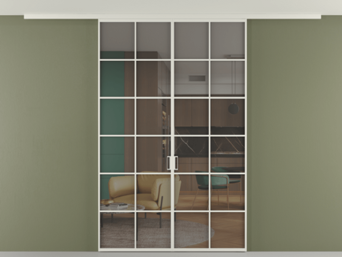 Перегородка Формато вдоль стены на потолок 2 створки АЛПР 040.05 Алюминий Белый Прозрачное серое стекло, триплекс Цена 12570 Br | Volhovec