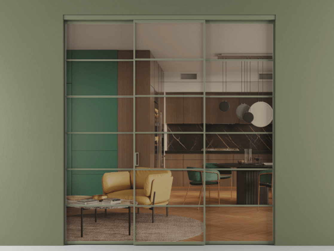 Перегородка Formato внутри проёма 3 створки АЛПР 040.04 Алюминий оливковый тёмный Прозрачное бронзовое стекло, триплекс Цена 14290 Br | Volhovec