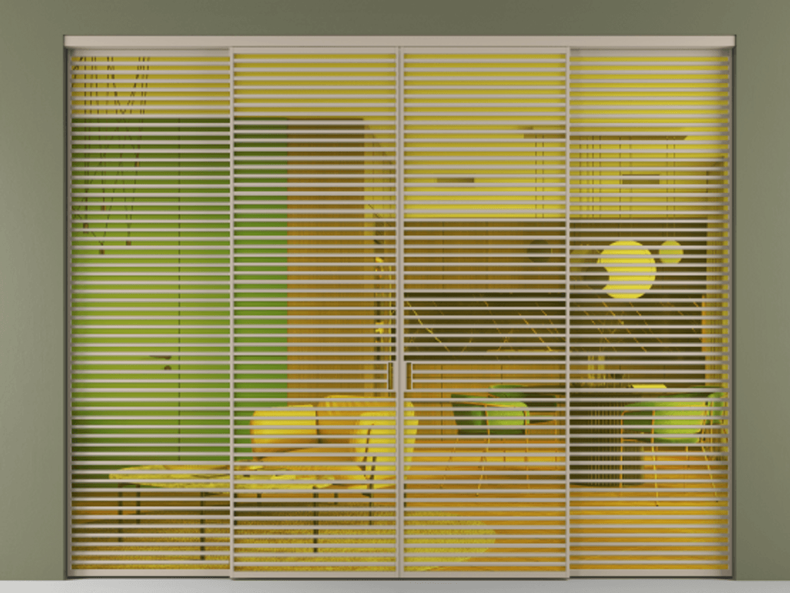 Перегородка Формато внутри проёма 4 створки АЛПР 040.07 Алюминий бисквитный Прозрачное жёлтое стекло, триплекс Цена 32900 Br  | Volhovec