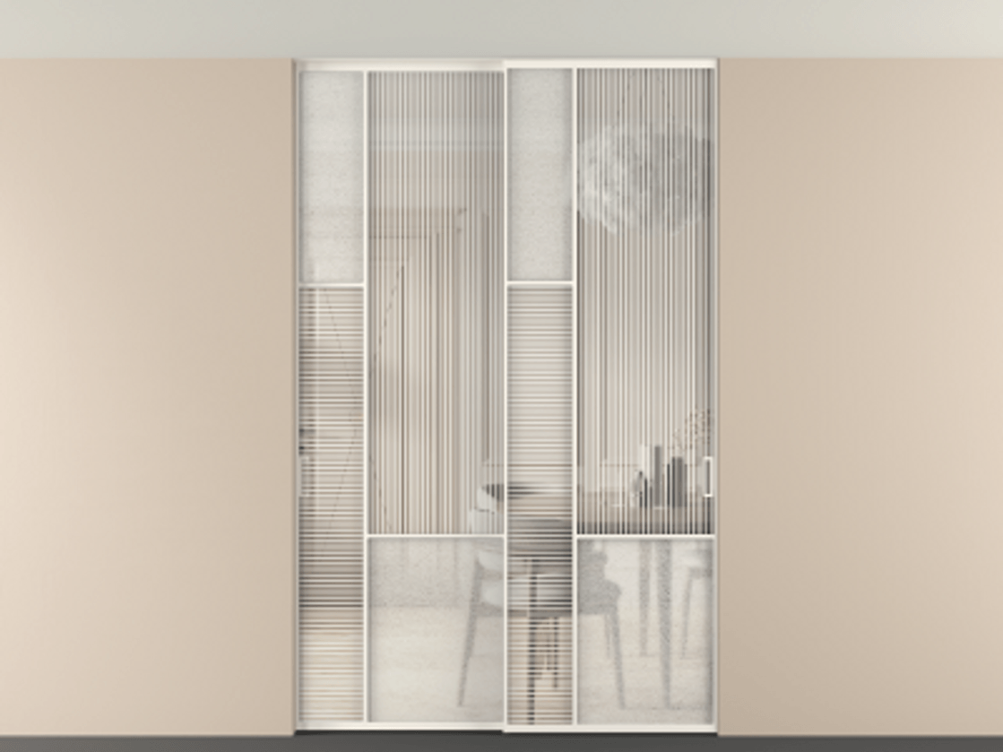 Перегородка Мозаик внутри проёма скрытое крепление в потолок 2 створки АЛПР 041.13 Алюминий пудровый белый Рифлёное стекло "Дюна", триплекс, 6 мм + Фактурное стекло "Лёд", триплекс Цена 18210 Br | Volhovec