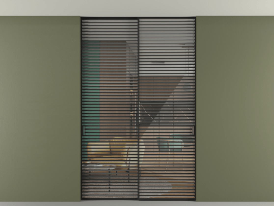 Перегородка Formato внутри проёма скрытое крепление в потолок 2 створки АЛПР 040.07 Алюминий Черный Рефлективное прозрачное стекло "Stopsol", калёное Цена 26890 Br | Volhovec