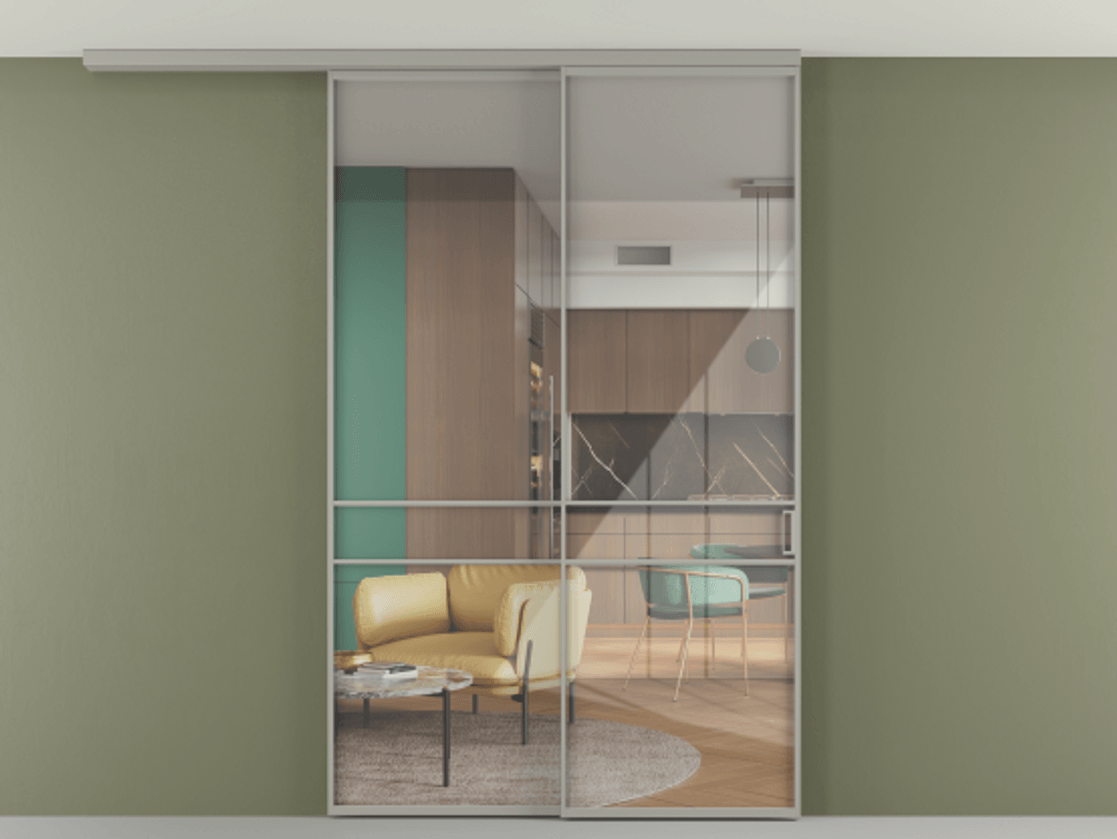 Перегородка Формато вдоль стены на потолок 2 створки с синхронным механизмом АЛПР 040.02 Алюминий нейтральный серый Рефлективное прозрачное стекло "Стопсол", калёное Цена 17480 Br | Volhovec