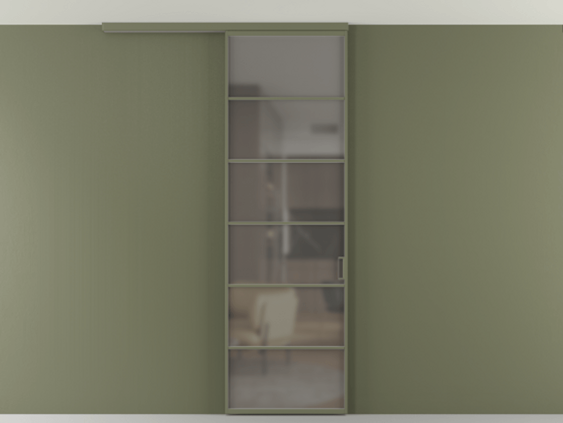 Перегородка Формато вдоль стены на потолок 1 створка АЛПР 040.04 Алюминий оливковый тёмный Сатинированное серое стекло, триплекс Цена 5520 Br | Volhovec