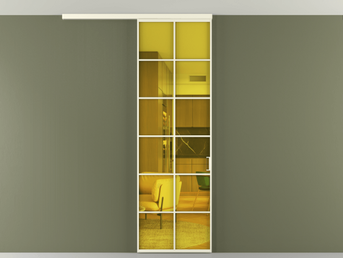 Перегородка Formato вдоль стены на потолок 1 створка АЛПР 040.05 Алюминий молочно-белый Прозрачное жёлтое стекло, триплекс Цена 5800 Br | Volhovec