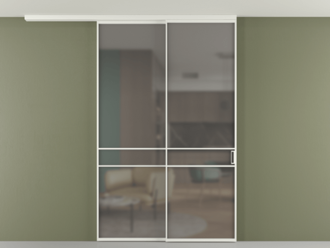 Перегородка Формато вдоль стены на потолок 2 створки с синхронным механизмом АЛПР 040.02 Алюминий светло-серый Сатинированное серое стекло, триплекс Цена 16630 Br | Volhovec