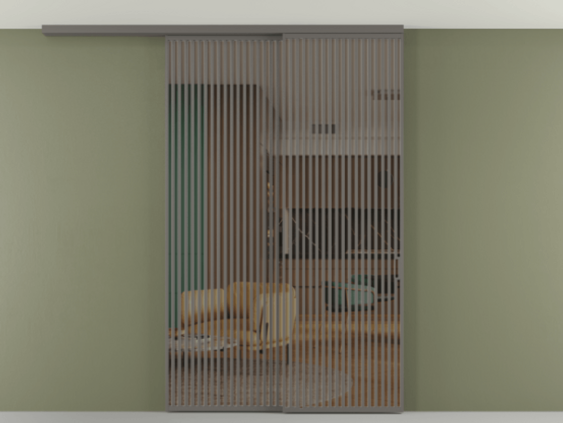 Перегородка Формато вдоль стены на потолок 2 створки с синхронным механизмом АЛПР 040.06 Алюминий классический серый Прозрачное бронзовое стекло, триплекс Цена 23070 Br | Volhovec