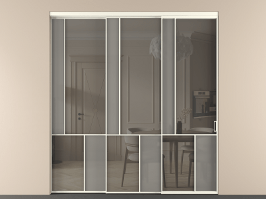 Перегородка Мозаик внутри проёма 3 створки с синхронным механизмом АЛПР 041.20  Алюминий жемчужный Сатинированное серое стекло, триплекс, 6 мм + Прозрачное серое стекло, триплекс Цена 23390 Br | Volhovec