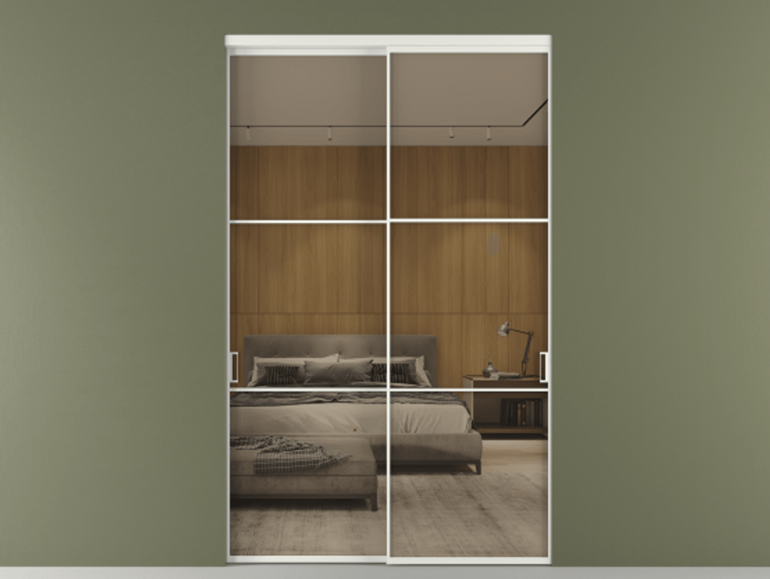 Перегородка Формато внутри проёма 2 створки АЛПР 040.03 Алюминий светло-серый Рефлективное бронзовое стекло "Стопсол", калёное Цена 25570 Br  | Volhovec