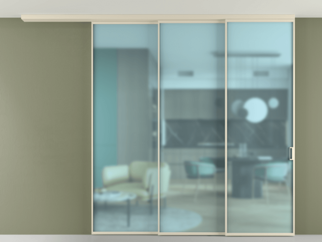 Перегородка Formato вдоль стены на потолок телескопик синхро 3 АЛПР 040.01 Алюминий бежево-серый Сатинированное голубое стекло, триплекс Цена 22900 Br | Volhovec