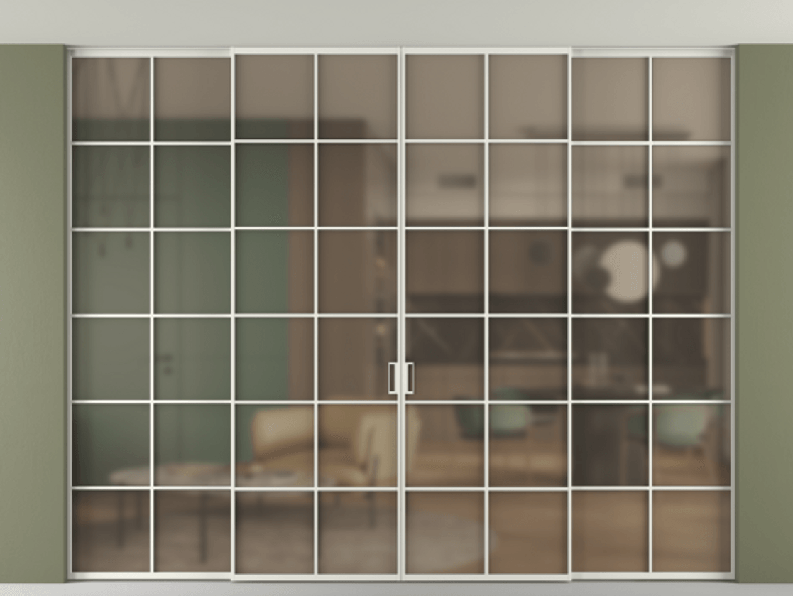 Перегородка Формато внутри проёма скрытое крепление в потолок 4 створки АЛПР 040.05 Алюминий серый Сатинированное бронзовое стекло, триплекс. Цена 26970 Br 1. Полотно 4 шт. (800/2100 мм)
2. Комплект установки раздвижной системы
3. Базовый комплект фурнитуры
4.Ручка Рондо. Фабрика дверей Волховец 8 (800) 551 43 19 Перегородка Формато внутри проёма скрытое крепление в потолок 4 створки АЛПР 040.05 Алюминий серый Сатинированное бронзовое стекло, триплекс Цена 26970 Br | Volhovec
