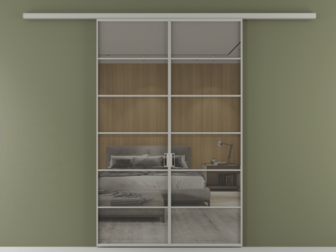 Перегородка Формато вдоль стены 2 створки АЛПР 040.04 Алюминий нейтральный серый Рефлективное серое стекло "Стопсол", калёное Цена 14150 Br | Volhovec