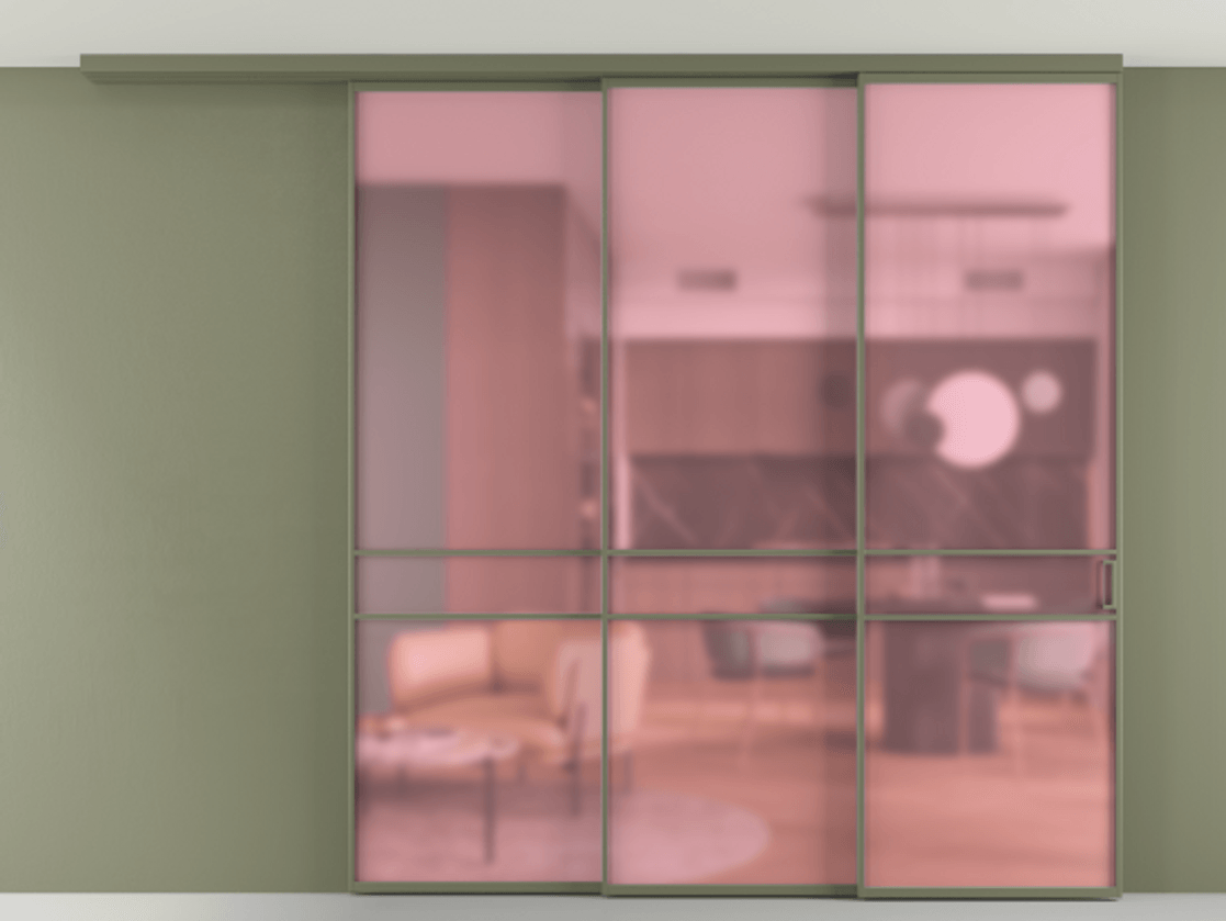 Перегородка Формато вдоль стены на потолок 3 створки с синхронным механизмом АЛПР 040.02 Алюминий оливковый тёмный Сатинированное розовое стекло, триплекс Цена 20500 Br | Volhovec