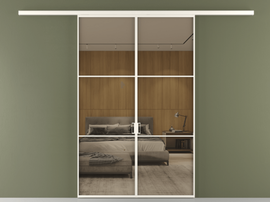 Перегородка Формато вдоль стены 2 створки АЛПР 040.03 Алюминий пудровый белый Рефлективное бронзовое стекло "Стопсол", калёное Цена 11540 Br | Volhovec