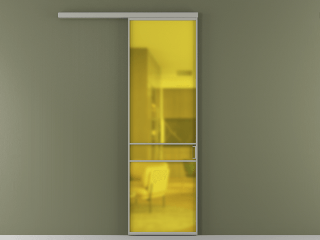 Перегородка Формато вдоль стены 1 створка АЛПР 040.02 Алюминий нейтральный серый Сатинированное жёлтое стекло, триплекс Цена 5700 Br  | Volhovec