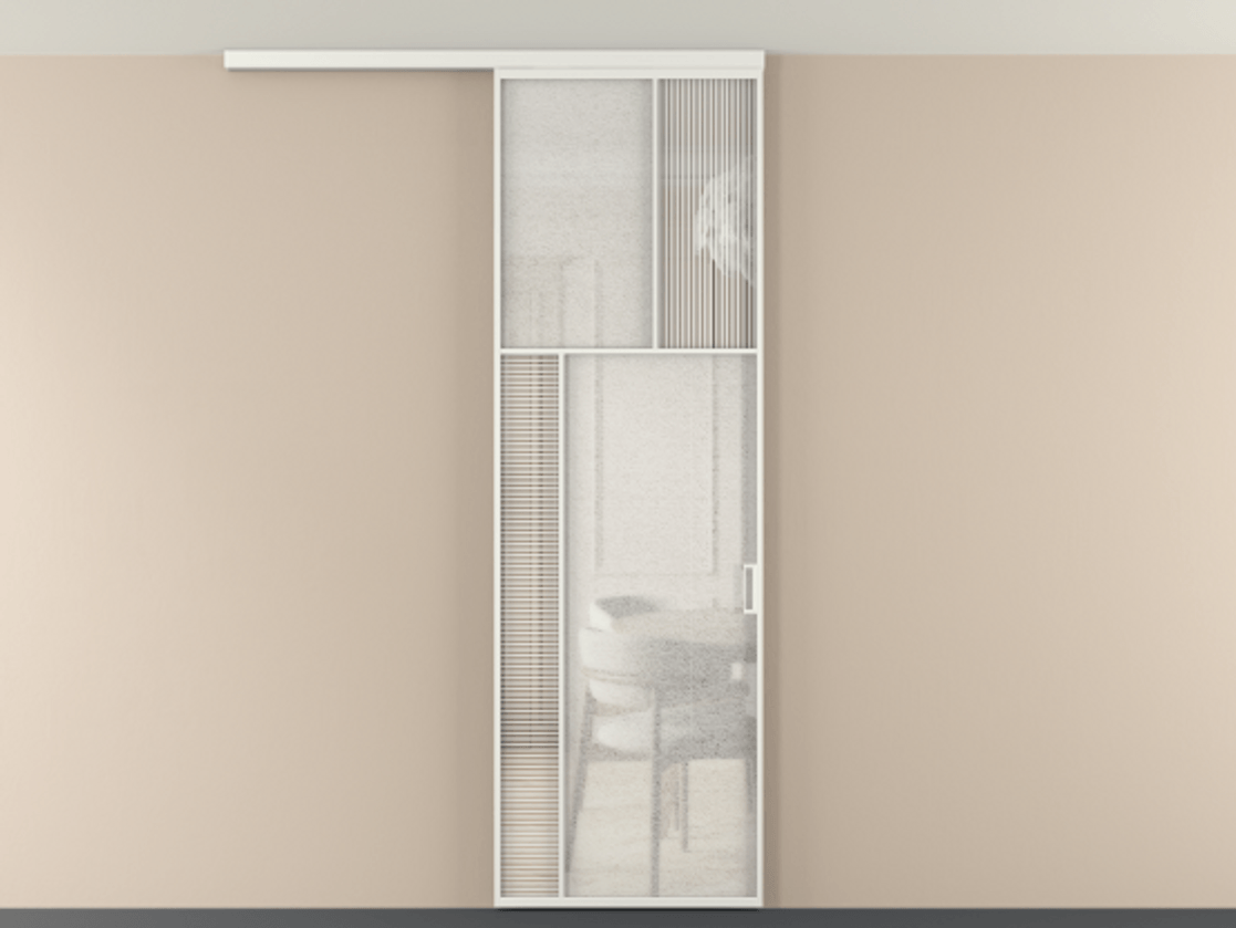 Перегородка Мозаик вдоль стены на потолок 1 створка АЛПР 041.22 Алюминий светло-серый Рифлёное стекло "Дюна", триплекс, 6 мм + Фактурное стекло "Лёд", триплекс Цена 7650 Br | Volhovec