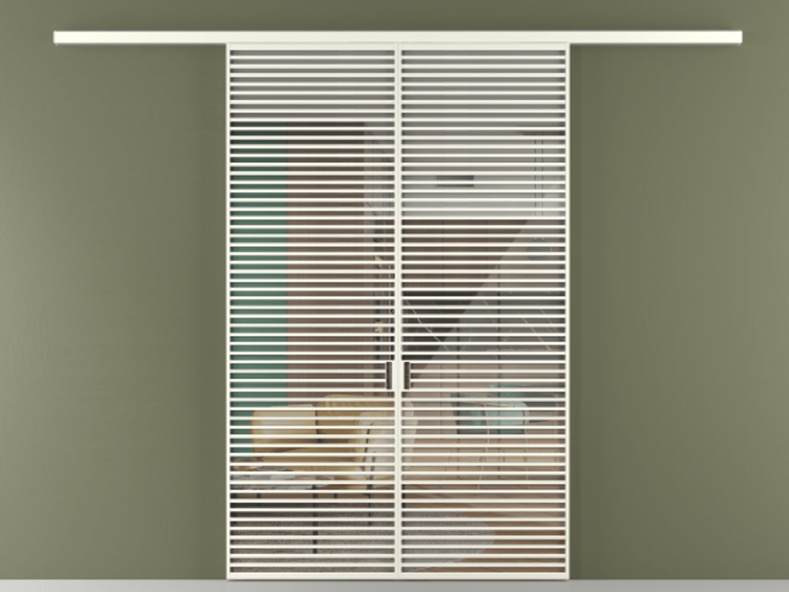 Перегородка Формато вдоль стены 2 створки АЛПР 040.07 Алюминий жемчужный Рефлективное прозрачное стекло "Стопсол", калёное Цена 23790 Br | Volhovec