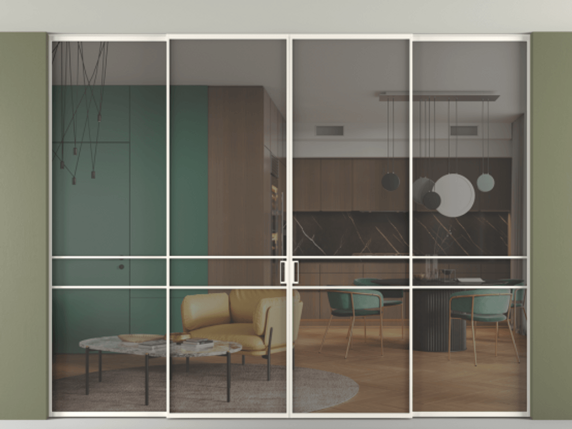 Перегородка Formato внутри проёма скрытое крепление в потолок 4 створки АЛПР 040.02 Алюминий пудровый белый Прозрачное серое стекло, триплекс Цена 24440 Br | Volhovec